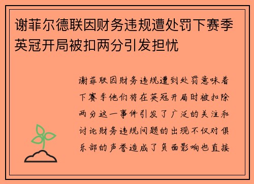 谢菲尔德联因财务违规遭处罚下赛季英冠开局被扣两分引发担忧 谢菲尔德联因财务违规遭处罚下赛季英冠开局被扣两分引发担忧