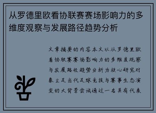 从罗德里欧看协联赛赛场影响力的多维度观察与发展路径趋势分析